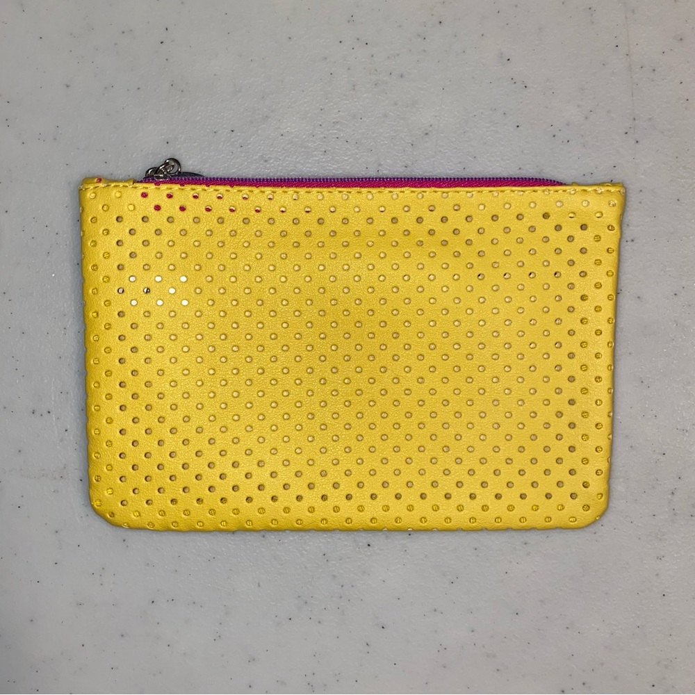 Ipsy Cosmetics Bag Yellow Perforated with Orange Slice Zipper Pull - Picture 2 of 3